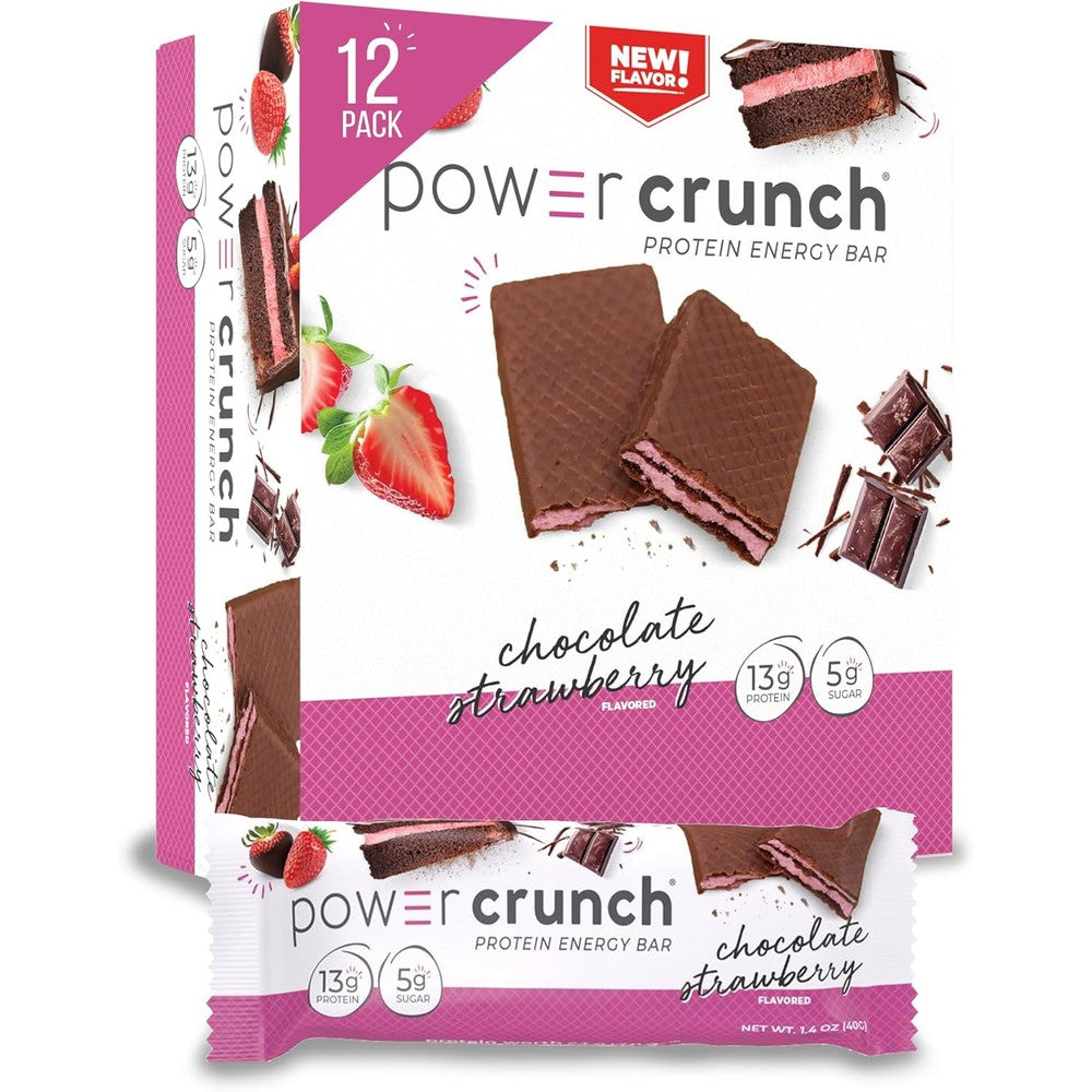 Power Crunch Protein Wafer Bars Chocolate Strawberry 12 count box front view
