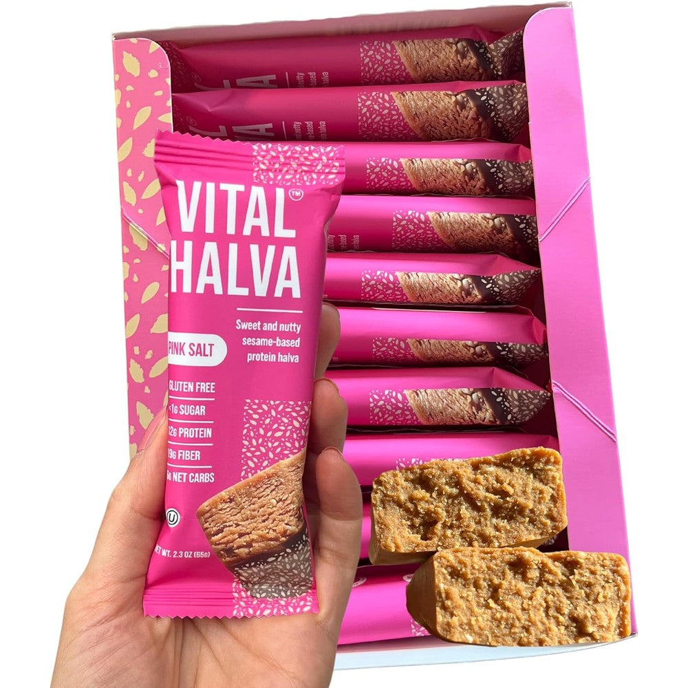 Vital Halva Pink Salt Sesame Bar front packaging showing 12 grams protein label