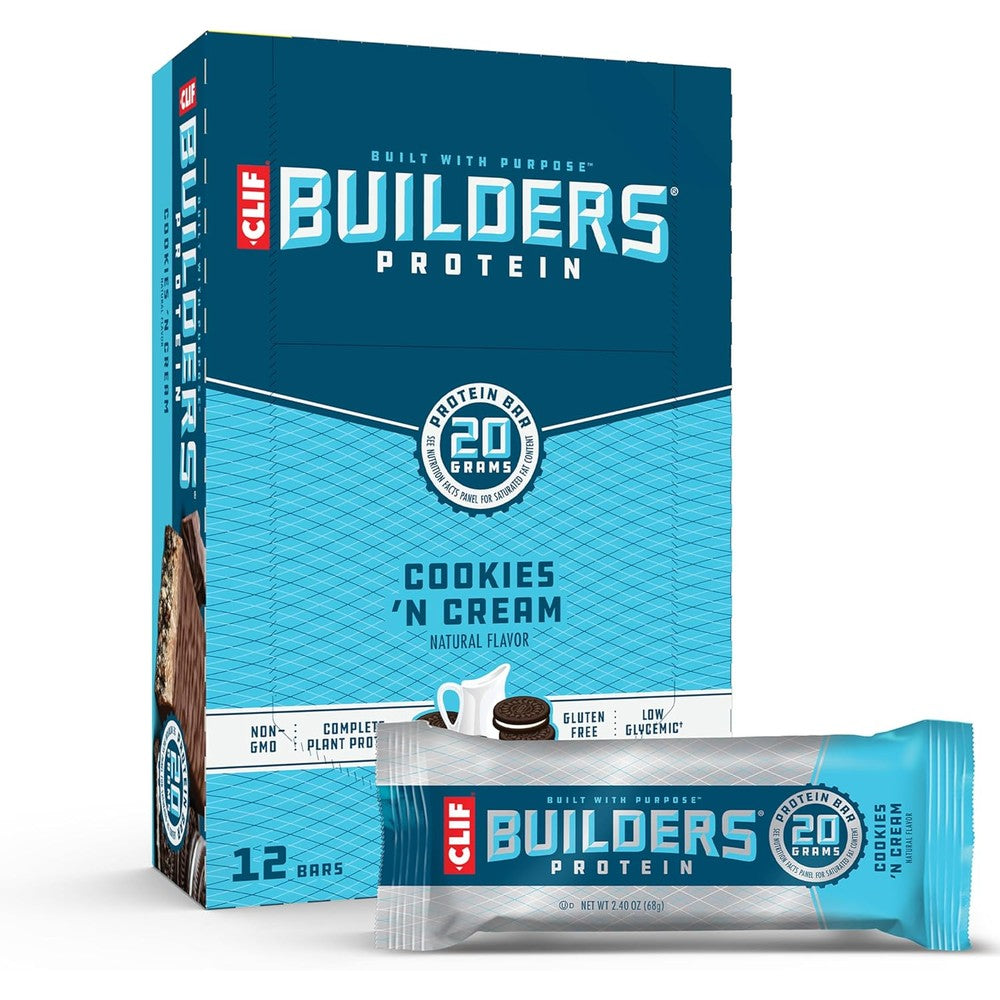 Clif Builder's Cookies and Cream protein bar box front view with 20g protein label.
