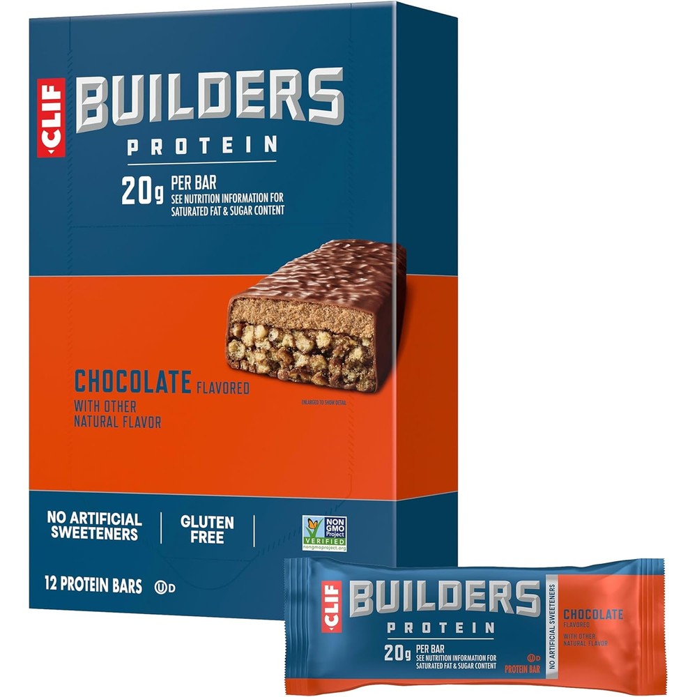 CLIF BUILDERS Chocolate Protein Bars 12 Pack front view post-workout snack