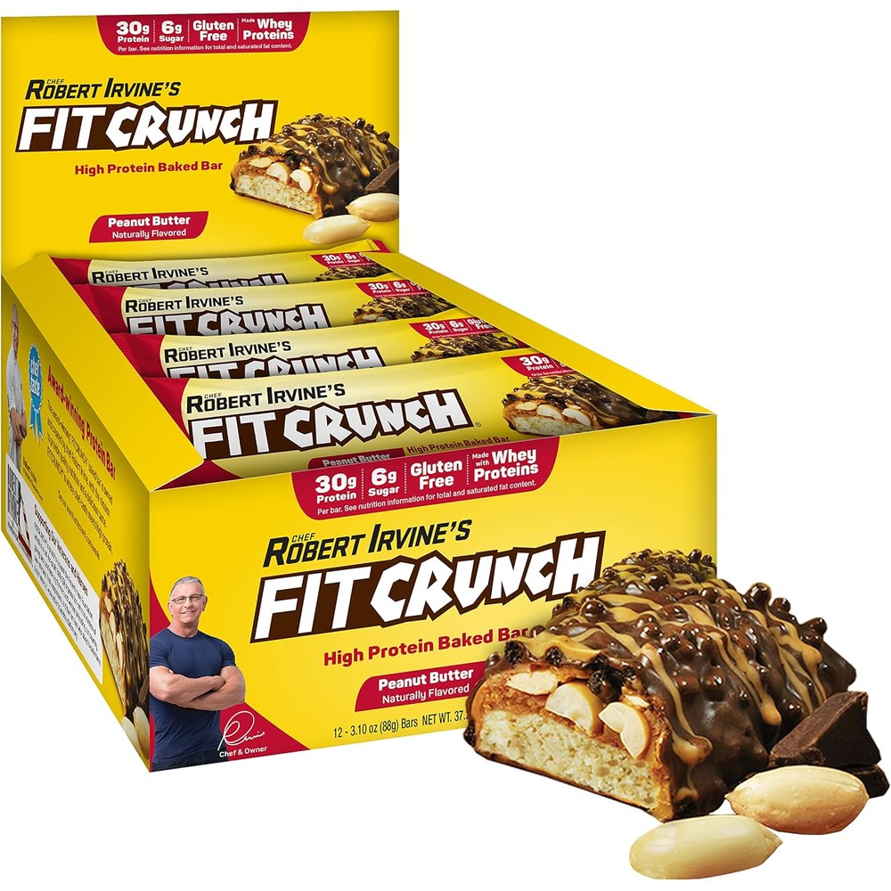 FITCRUNCH Full Size Protein Bars, 6-Layer Baked Bar, 6g of Sugar, Gluten Free & Soft Cake Core (12 Bars, Peanut Butter)