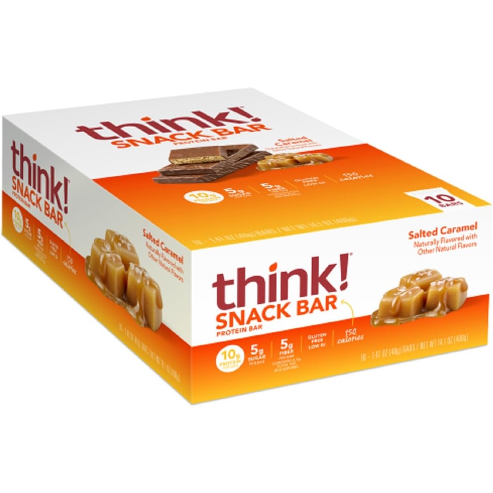 Think! Salted Caramel Protein Bars 10 count box front view for digestive support.