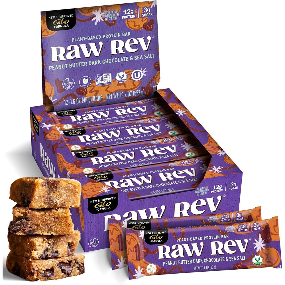 Raw Rev Glo Peanut Butter Dark Chocolate Vegan Protein Bars front box view