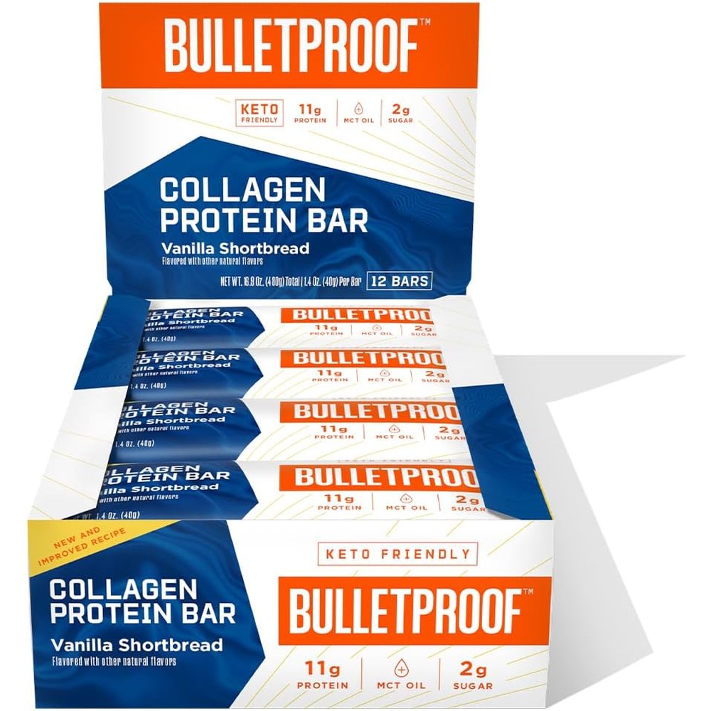 Bulletproof Vanilla Shortbread Collagen Protein Bars 12 pack box front view