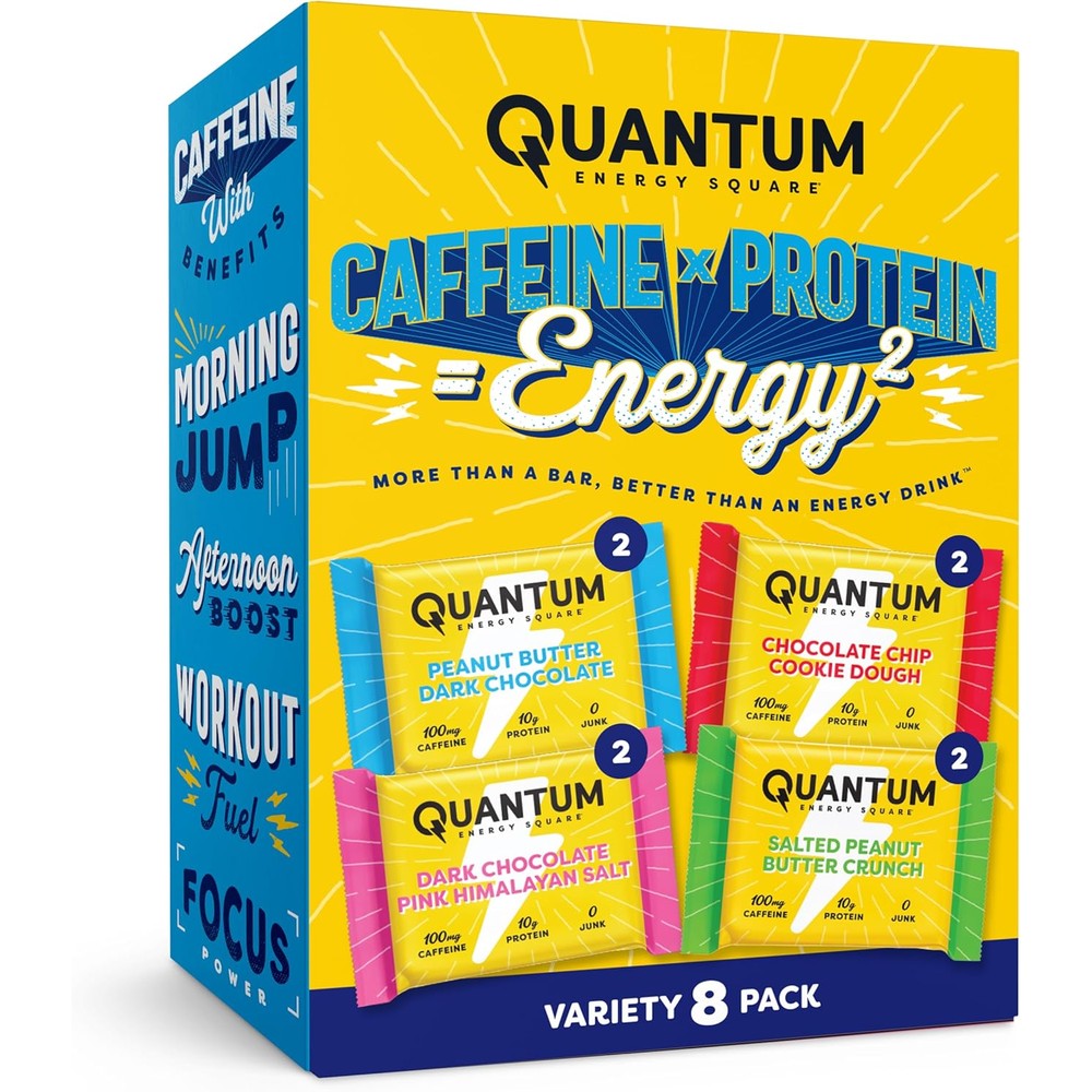 Quantum Energy Squares Variety 8-Pack front view of packaging for caffeine and protein boost