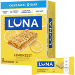 LUNA Bar LemonZest 12 pack front view of packaging for gluten free snacks.