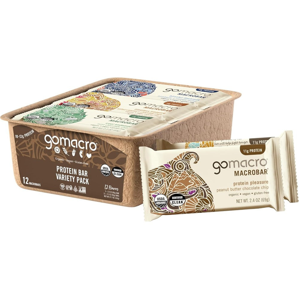 GoMacro MacroBar Organic Vegan Protein Bars - Protein Variety Pack (2.3-2.4 Ounce Bars, 12 Count)