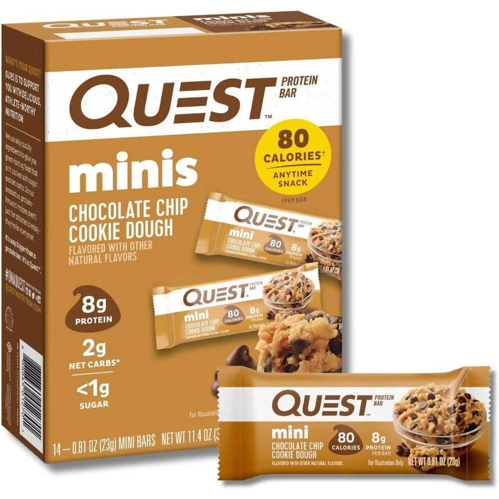 Quest Nutrition Mini Chocolate Chip Cookie Dough Protein Bars, 8g Protein, 1g Sugar, 2g Net Carbs, Gluten Free, 14 Count