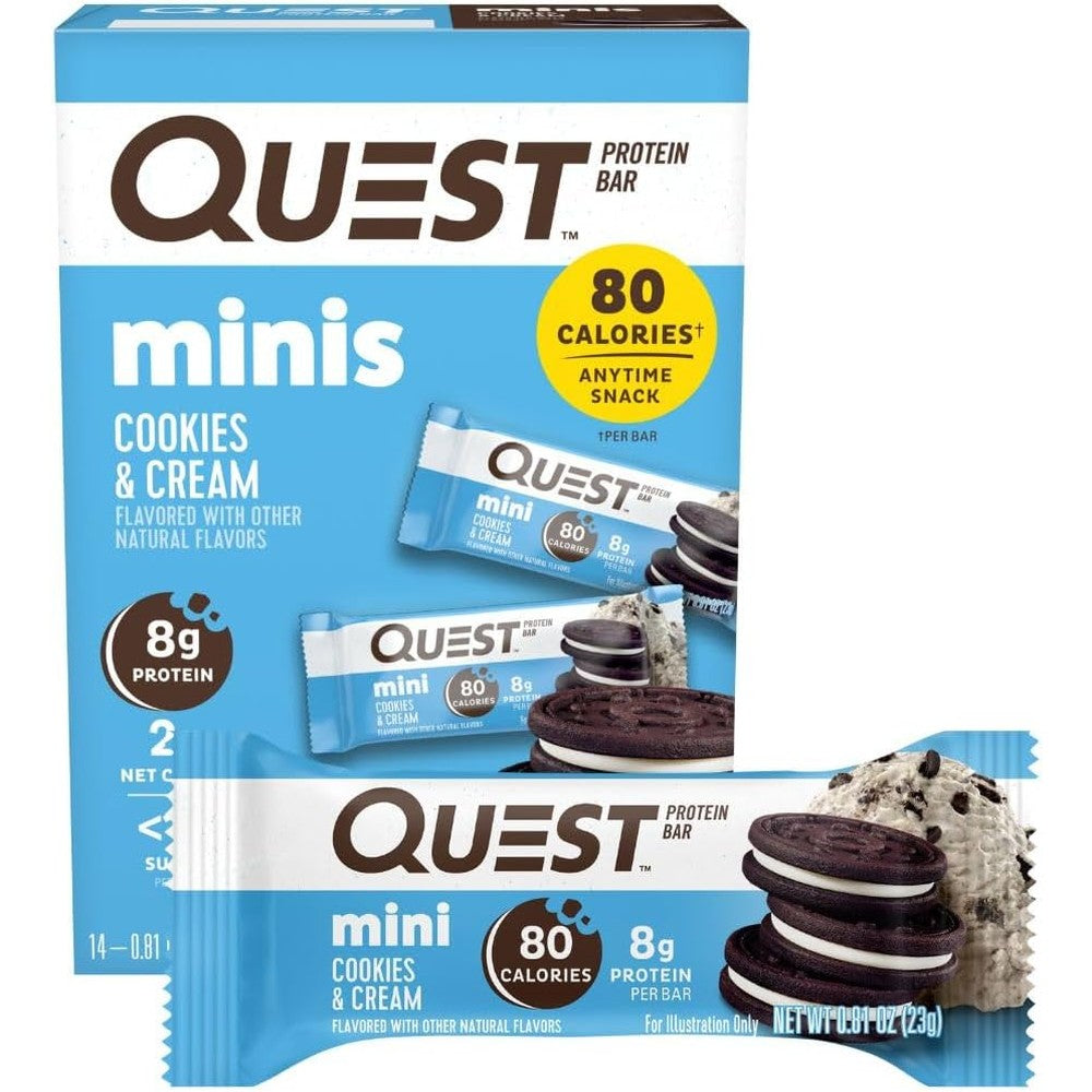 Quest Nutrition Mini Chocolate Chip Cookie Dough Protein Bars box front view high protein snack