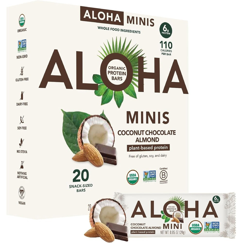 ALOHA Organic Plant Based Protein Bar MINIS |Coconut Chocolate Almond | 20 Count, 24g Bars | Vegan, Low Sugar, Gluten Free, Paleo, Low Carb, Non-GMO, Stevia Free, Soy Free, No Sugar Alcohols