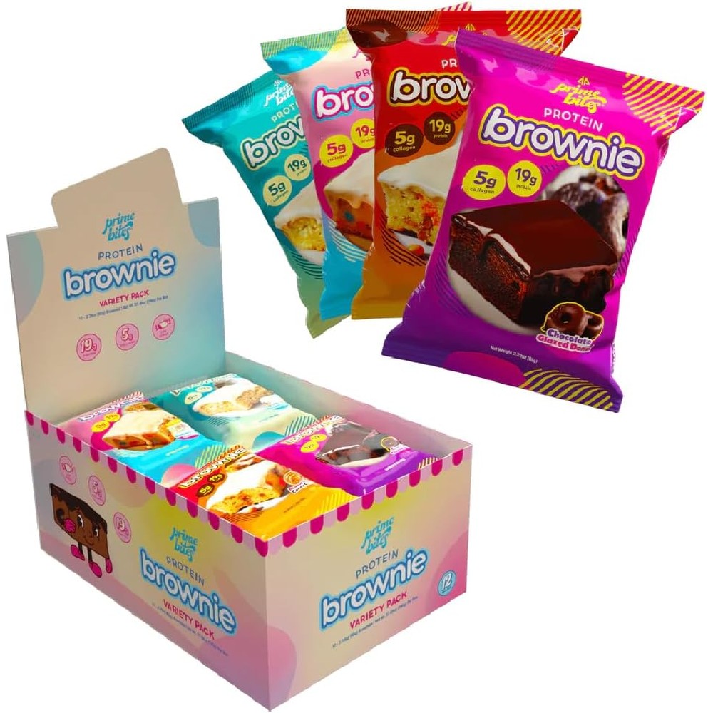 Prime Bites High Protein Brownie (12 Per Box, Variety Pack) - 19g of Protein, 5g of Collagen, Gluten Free, Low Sugar Treat, Delicious Protein Snack