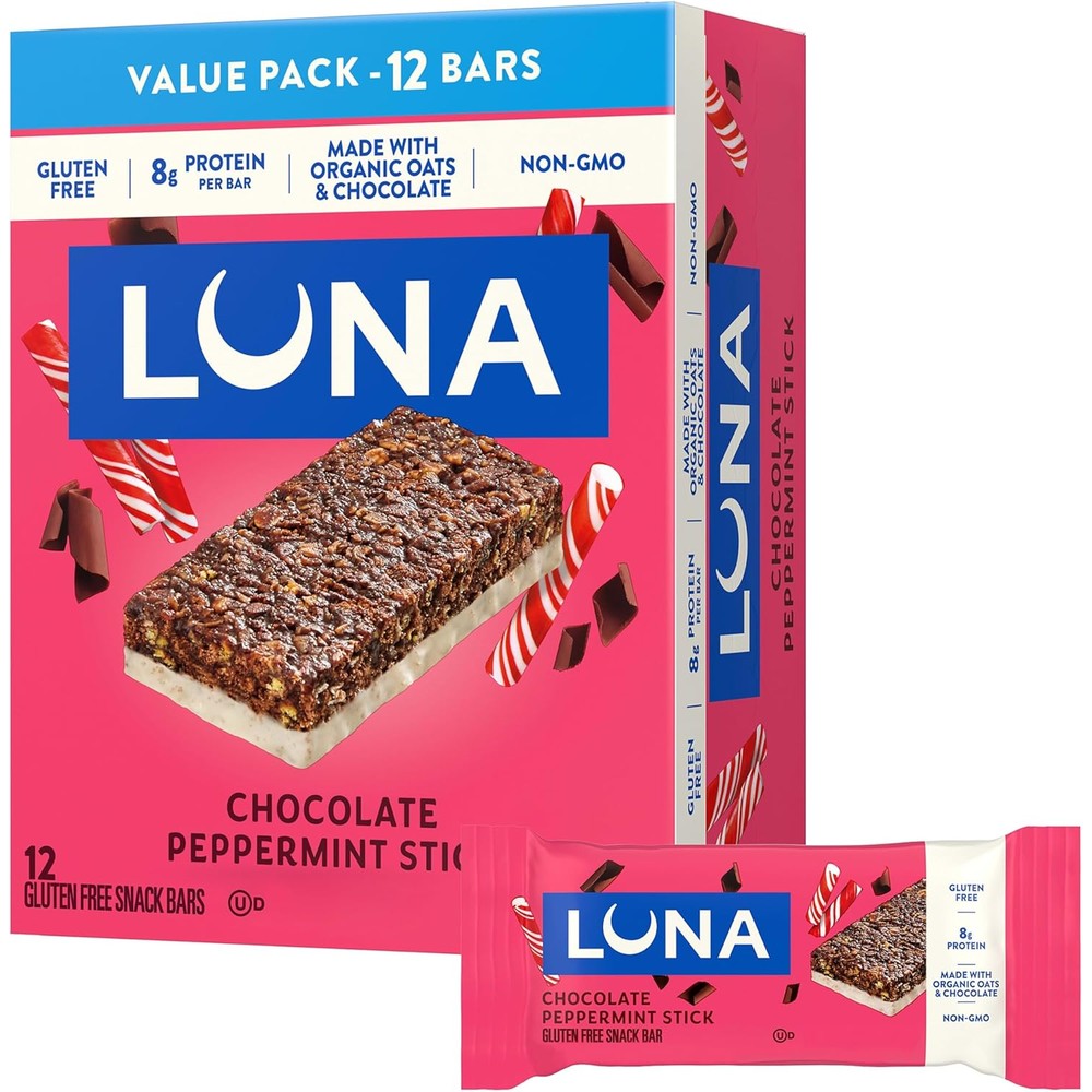 Luna Bar Chocolate Peppermint Stick 12 Pack front view nutrition bars
