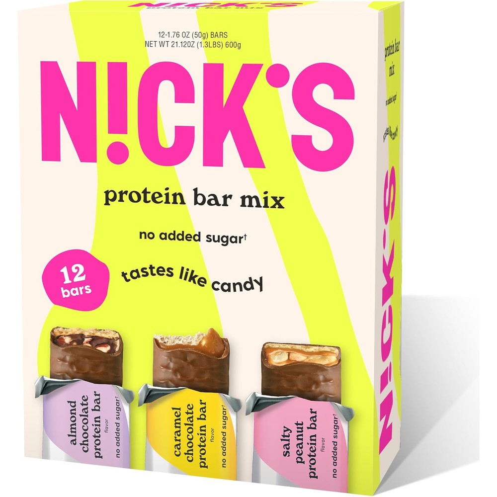 Nick's Protein Bars Variety Pack, Protein-Packed Snack, Low Calories, Low Carb Keto Friendly Snacks No Added Sugar, Salty Peanut, Chocolate Caramel and Almond Chocolate (12 Pack)