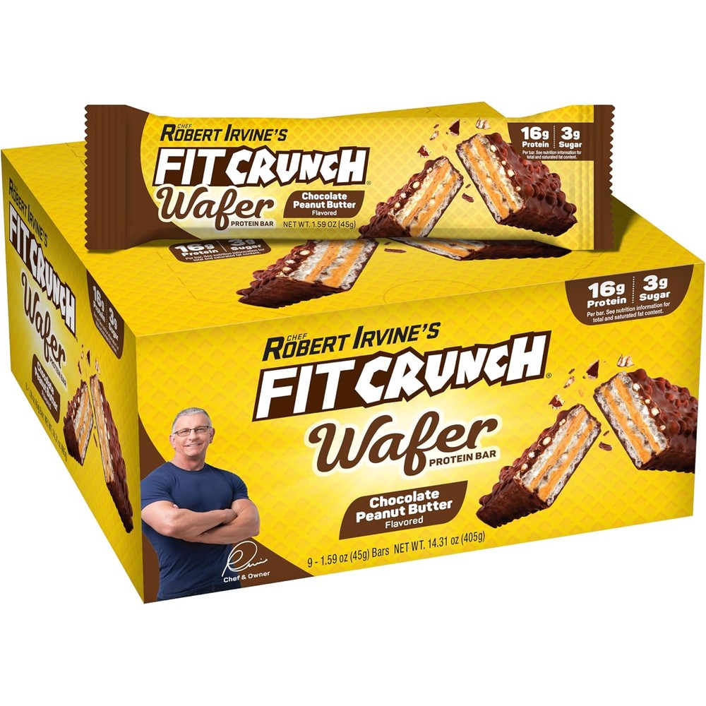 FITCRUNCH Wafer Protein Bars, 16g of Protein & 3g of Sugar (9 Bars, Chocolate Peanut Butter)