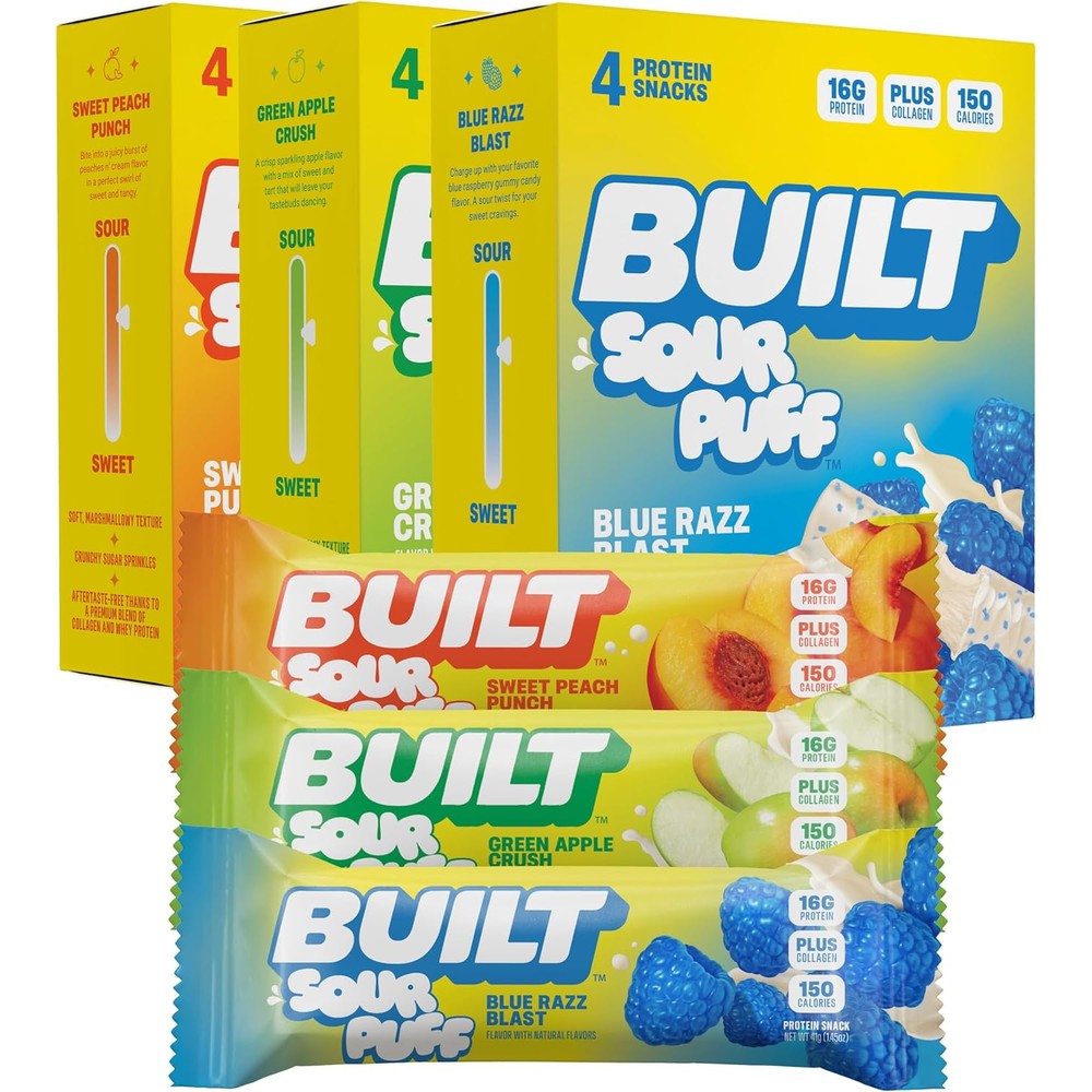 Built Bar, Sour Puff Protein Bars, Variety Pack, Collagen, On-the-go Snacks, Sour Candy, Mixed Sampler, 12 Pack