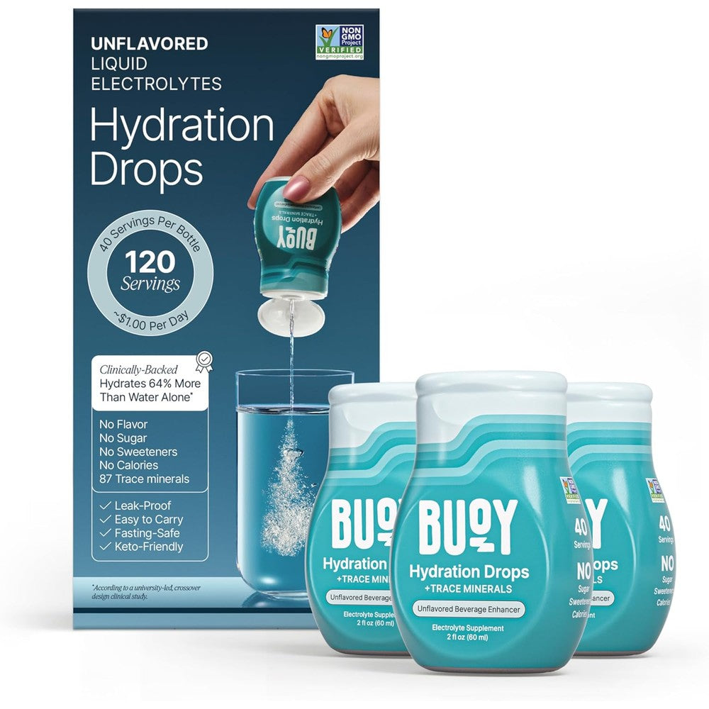 Buoy Electrolyte Drops unflavored 3 pack front view for daily hydration.