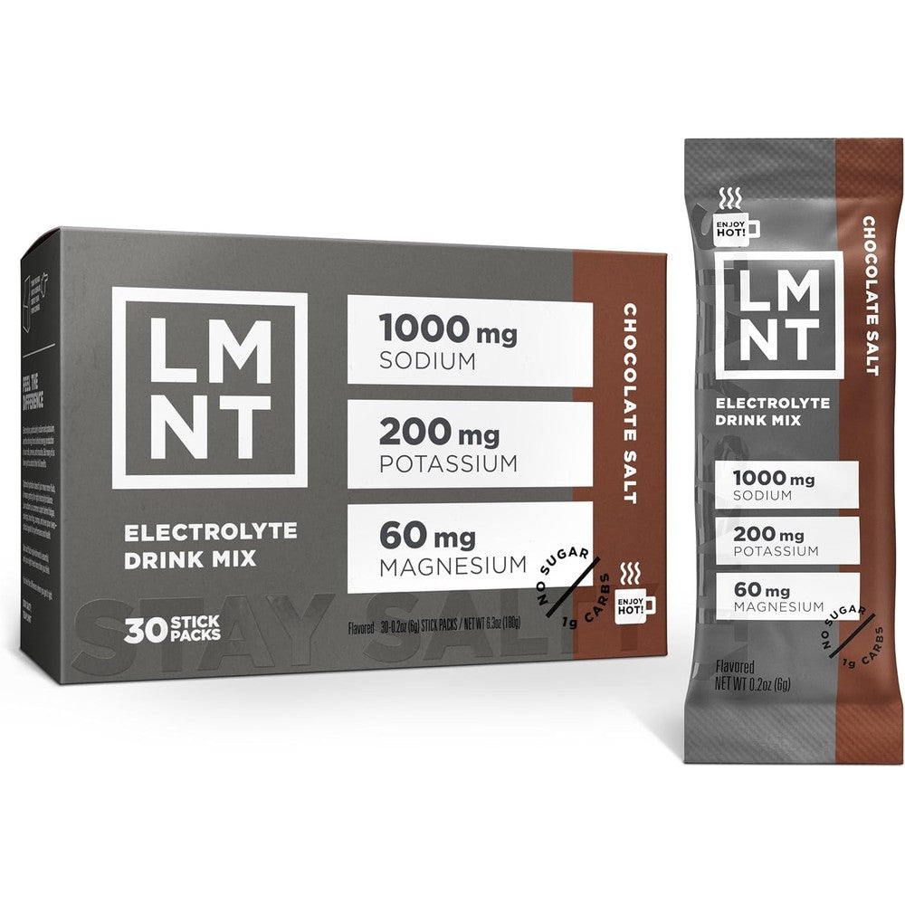 Drink LMNT zero sugar hot chocolate chocolate salt 30 pack front packaging for electrolyte hydration.