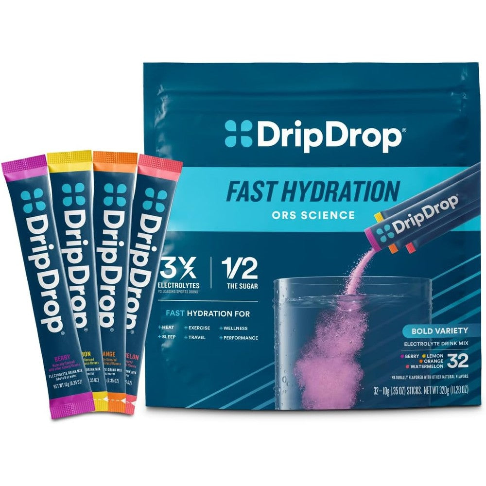 DripDrop hydration bold variety pack 32 sticks front view for electrolyte replenishment.