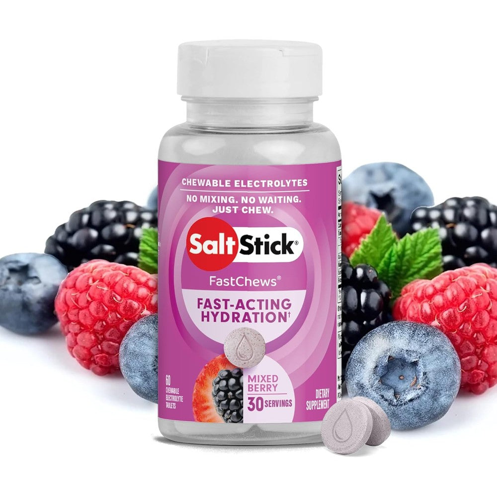 SaltStick Electrolyte FastChews mixed berry 60 tablets front bottle view for hydration.