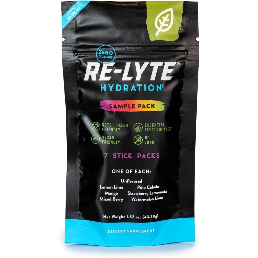 REDMOND Re-Lyte hydration electrolyte variety pack front view showing seven stick packs.