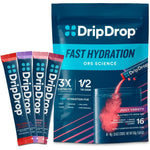 DripDrop hydration electrolyte powder juicy variety pack for rapid rehydration.
