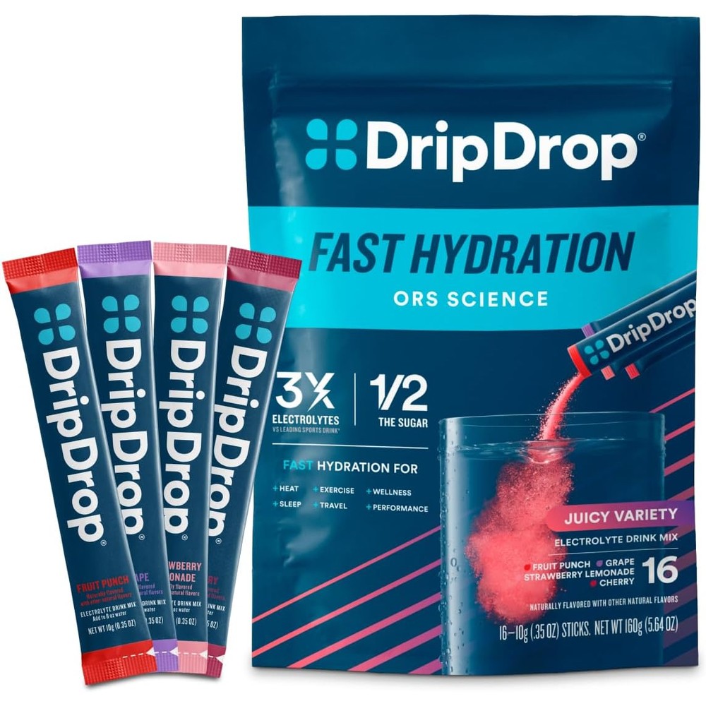 DripDrop hydration electrolyte powder juicy variety pack for rapid rehydration.