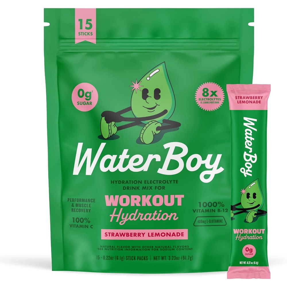 Waterboy workout hydration strawberry lemonade 15 packets front view showing high electrolyte content.