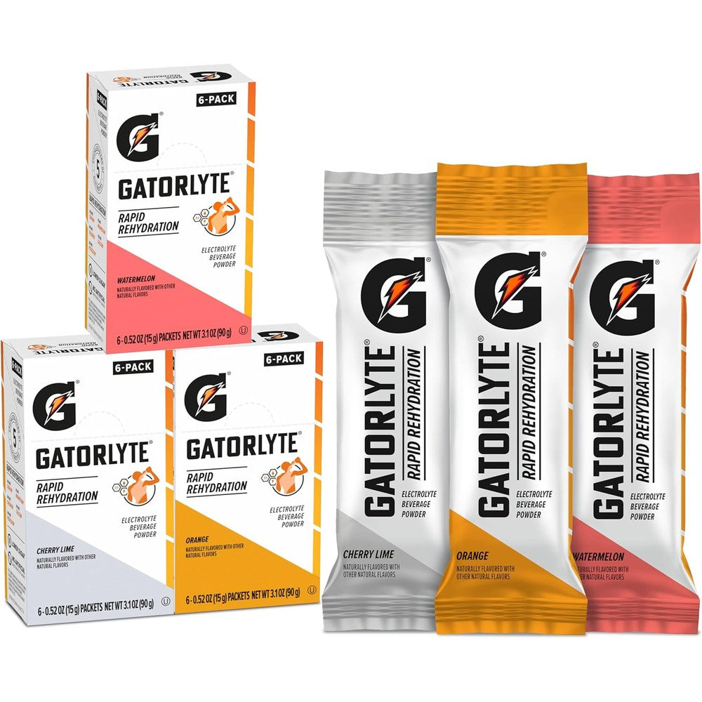 Gatorlyte rapid rehydration electrolyte powder variety pack front view for hydration.