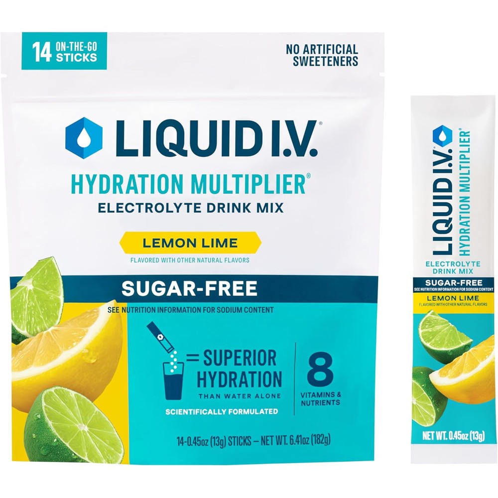 Liquid I.V. hydration multiplier sugar free lemon lime showing 14 servings.