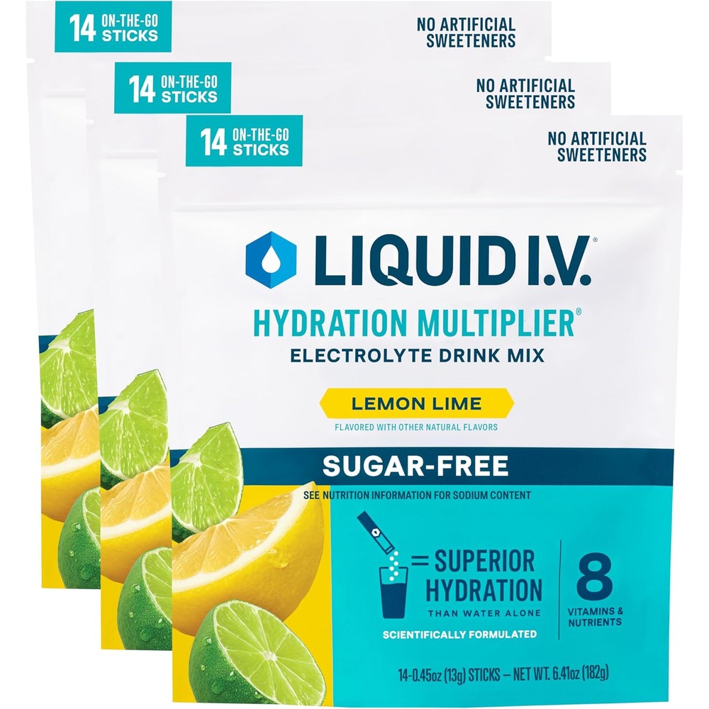 Liquid I.V.® Hydration Multiplier® Sugar-Free - Lemon Lime - Hydration Powder Packets | Electrolyte Powder Drink Mix | Convenient Single-Serving Sticks | Non-GMO | 14 Servings (Pack of 3)