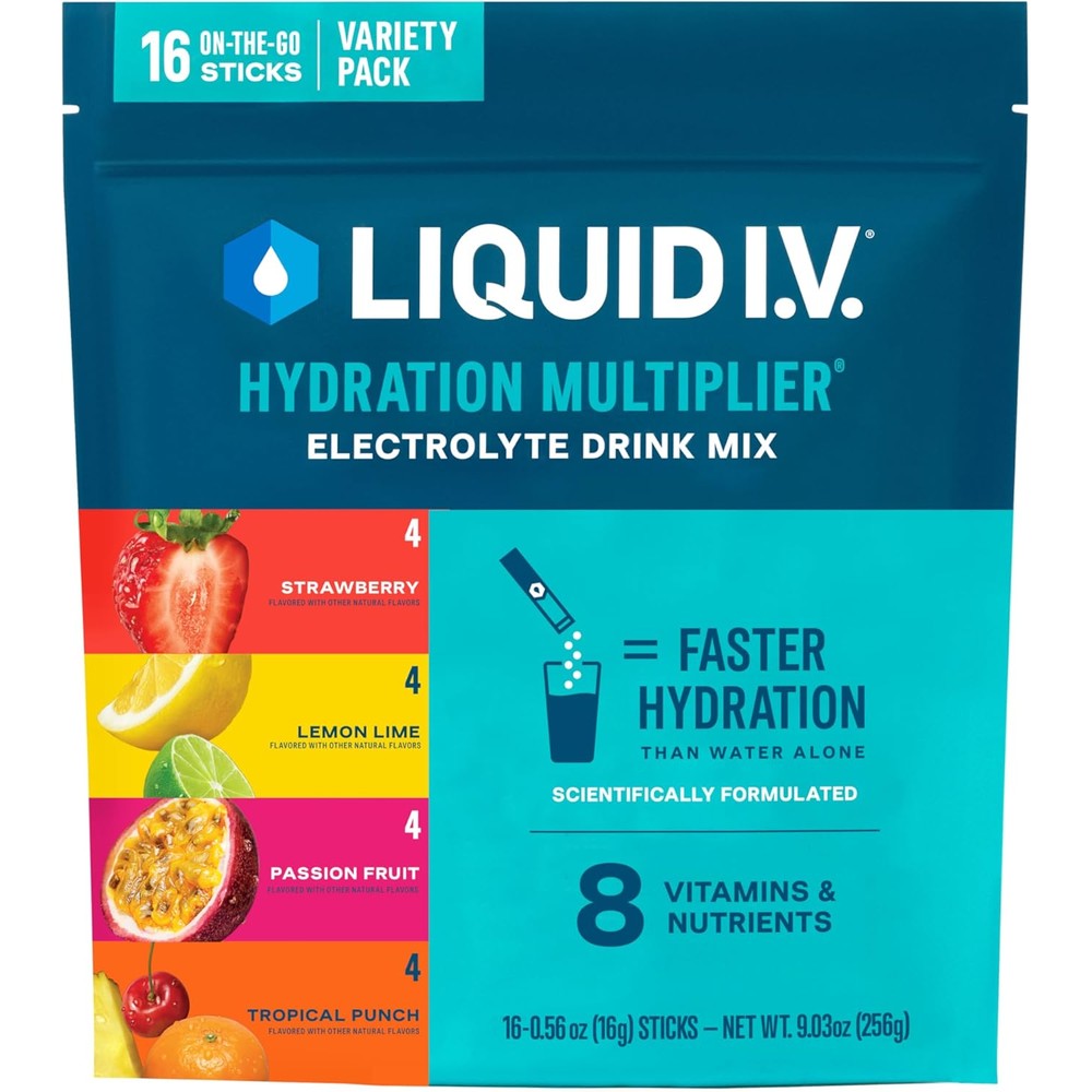 Liquid I.V. Hydration Multiplier Variety Pack front view showing 16 electrolyte packets.