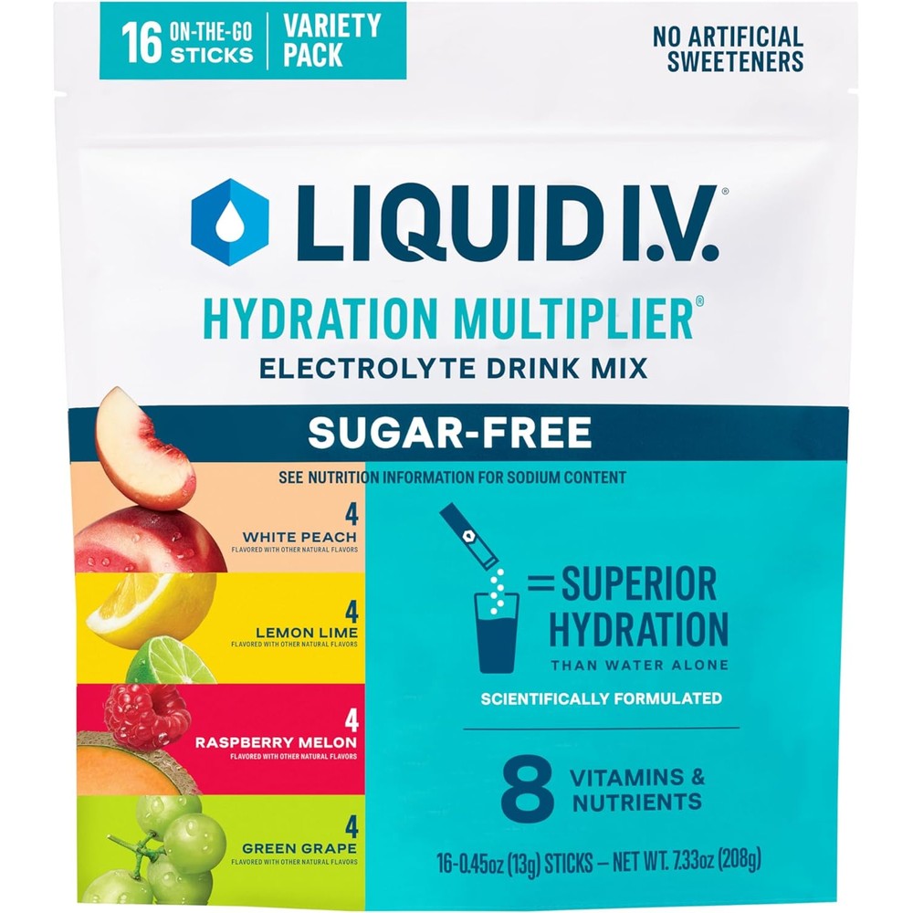 Liquid I.V. hydration multiplier sugar free variety pack front view of 16 serving box.