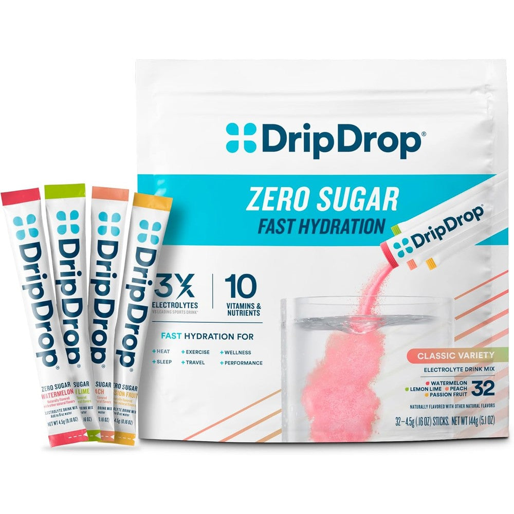 DripDrop zero sugar hydration packets 32 sticks front view for electrolyte replenishment