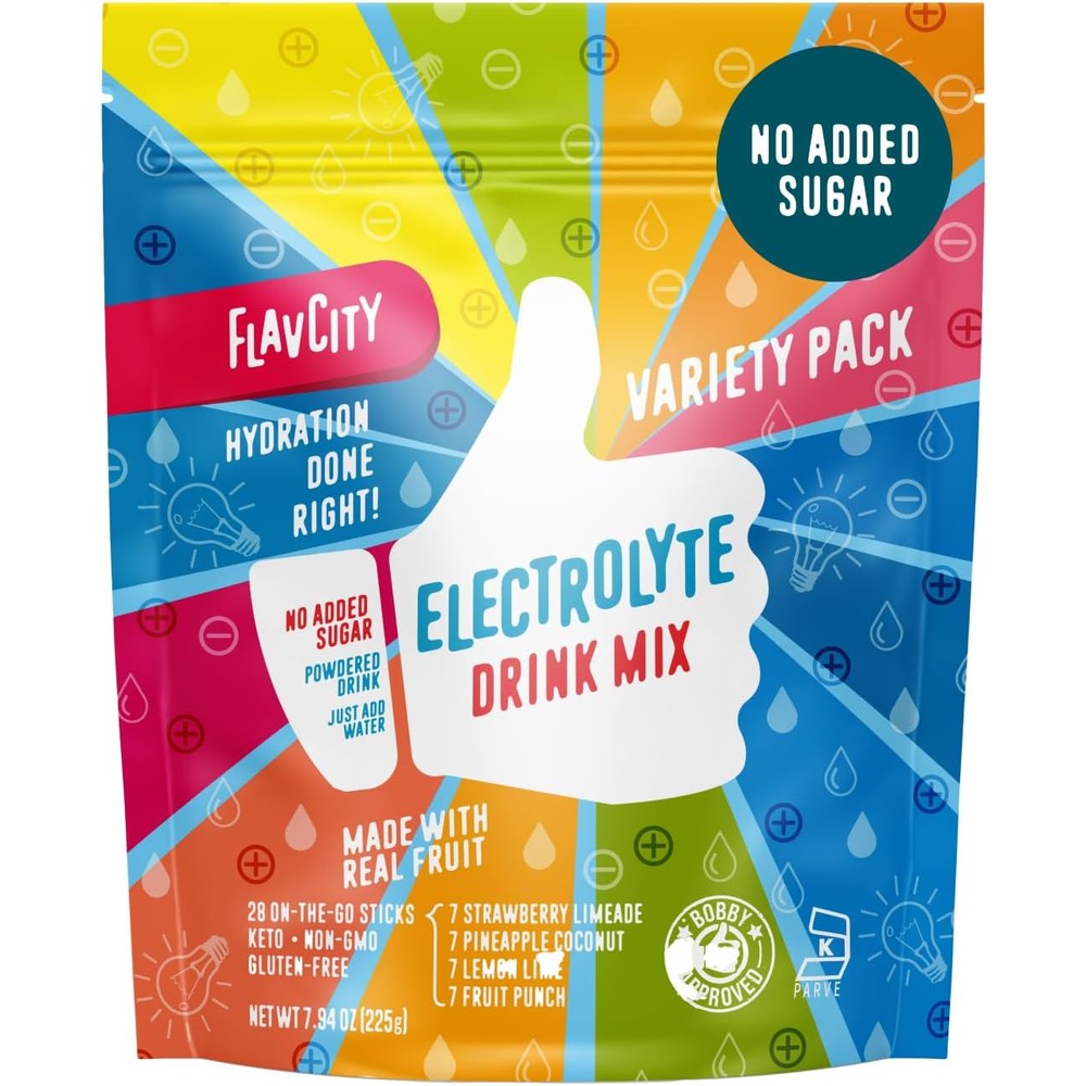 FlavCity electrolytes powder hydration variety pack front view showing 28 stick packs