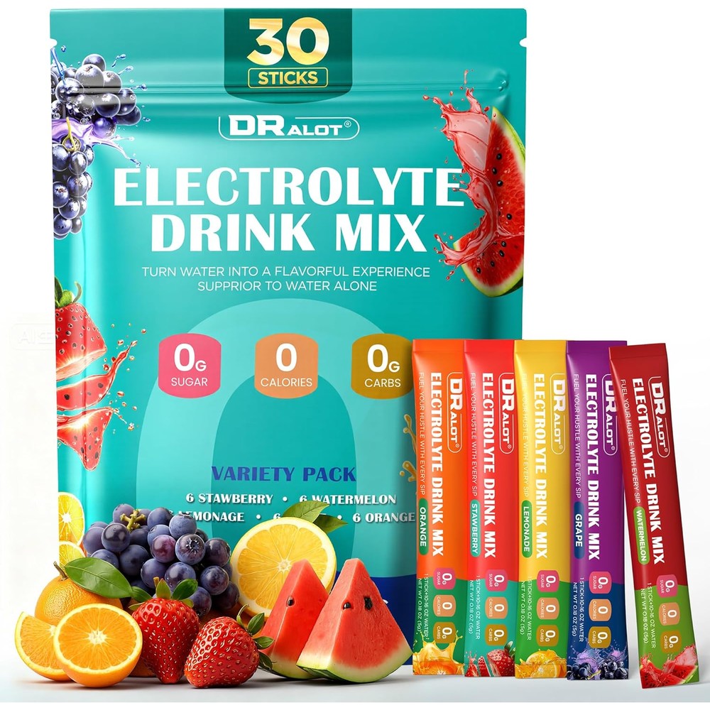 Dralot Juicy Splash 30 Packs Sugar Free Electrolytes Powder w/Natural Flavor, Liquid Daily IV Recharge+Tech. Mix 5 Electrolyte for Balance, Raw Seasalt Hydration Packets for GF, Vegan, Non-GMO, Keto