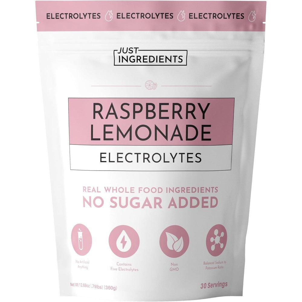 Just Ingredients Raspberry Lemonade Electrolytes 30 serving pouch front view for clean hydration.