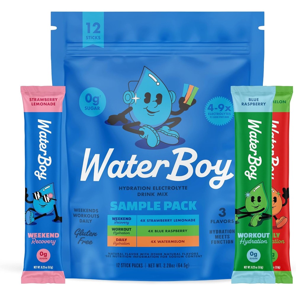 Waterboy Hydration Recovery Variety Pack front view showing 12 electrolyte stick mixes.