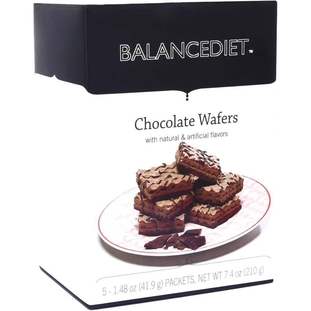 BalanceDiet High Protein Chocolate Wafers front view of five pack box.