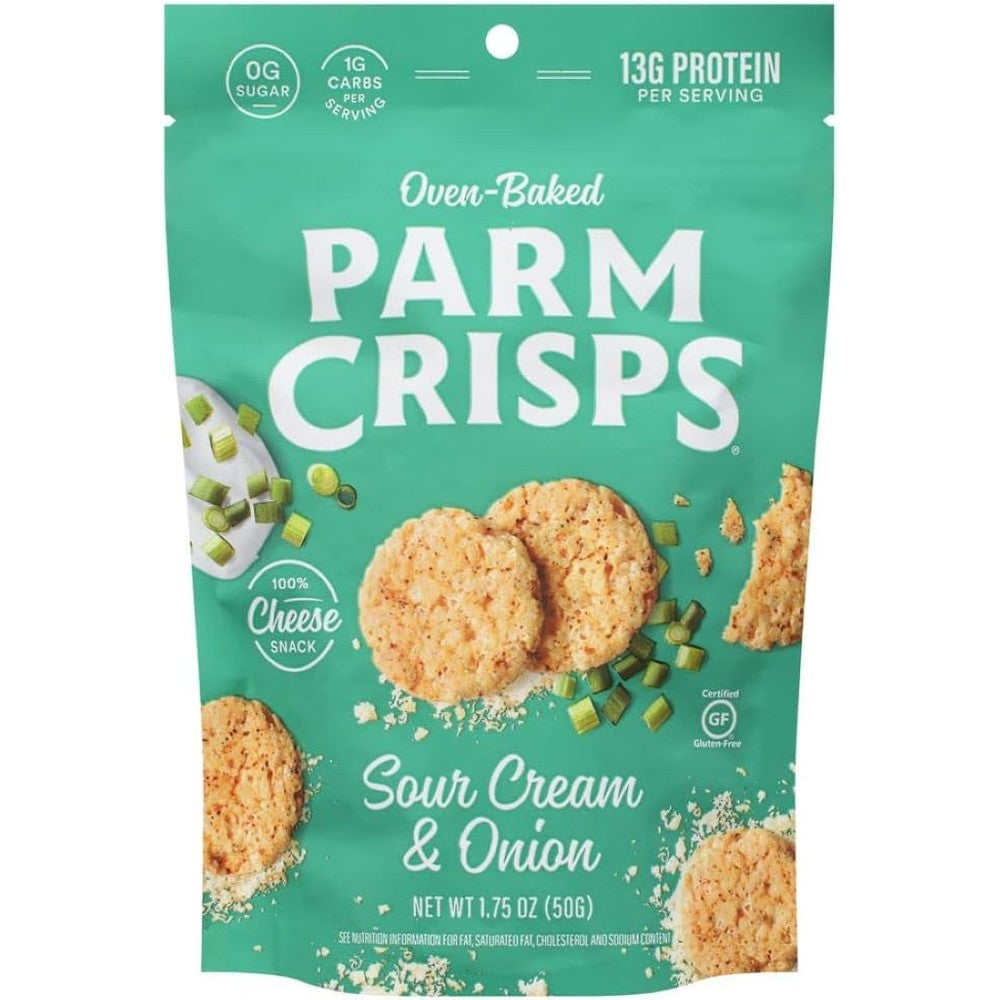 ParmCrisps Sour Cream and Onion 1.75 Ounce pack front view keto cheese snacks.