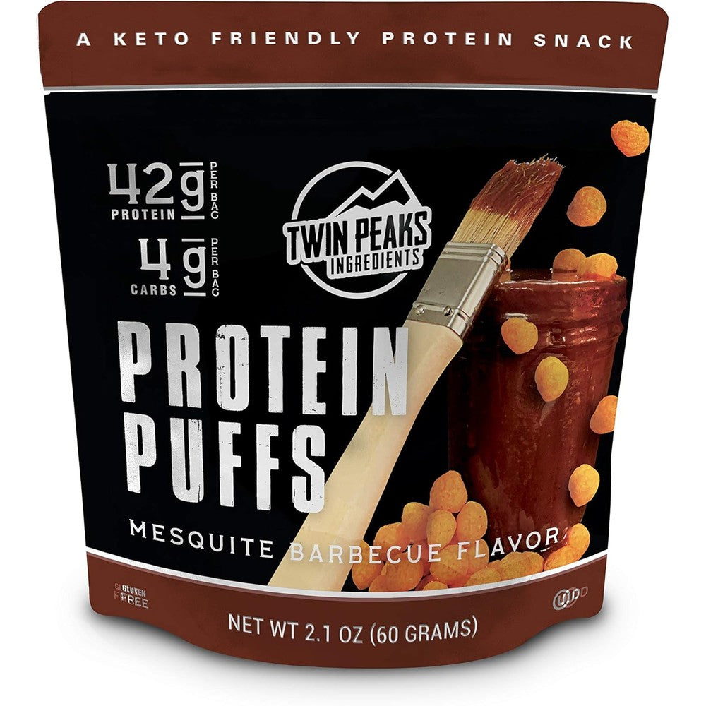 Twin Peaks Ingredients Mesquite Barbecue Protein Puffs 3 pack front view keto snack.