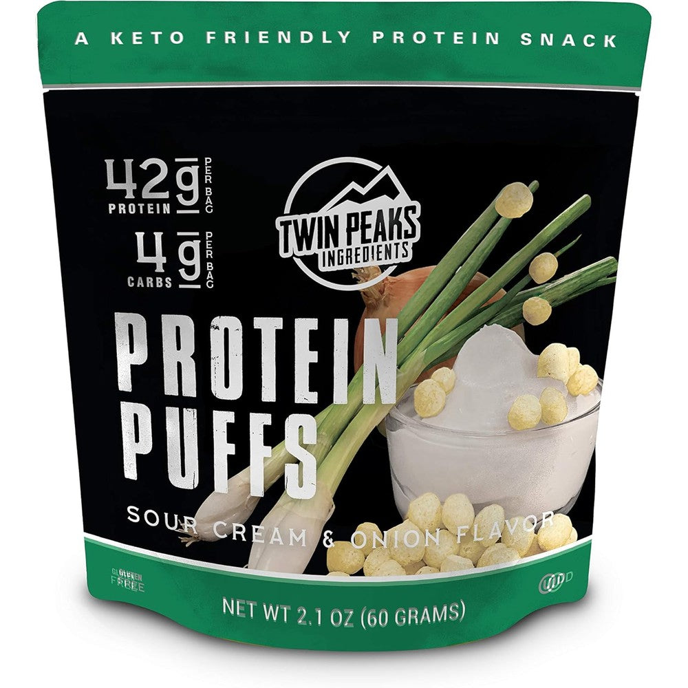 Twin Peaks Ingredients Sour Cream and Onion Protein Puffs 3-pack front view keto snack.