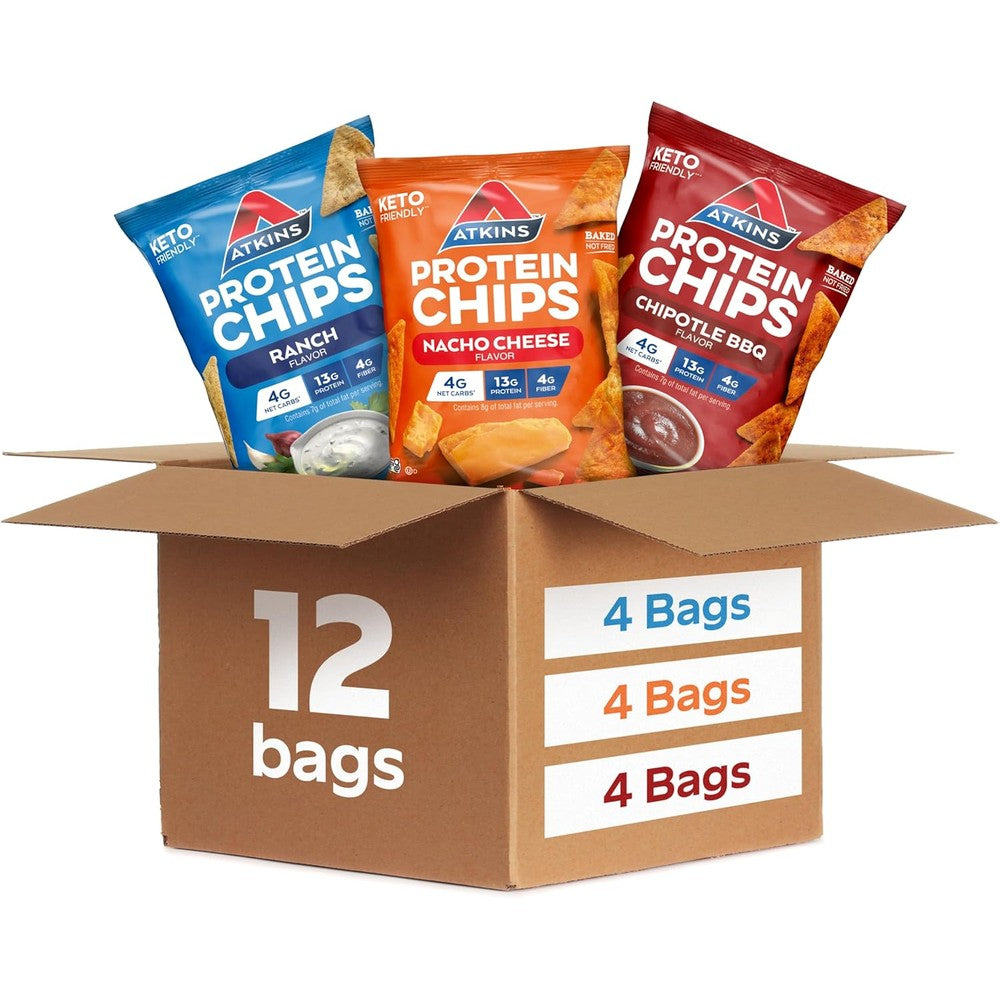 Atkins Protein Chips Variety Pack front view keto snacks