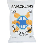 Snacklins Sea Salt and Vinegar Plant Crisps 3 Ounce bag front view showing vegan snack labels.