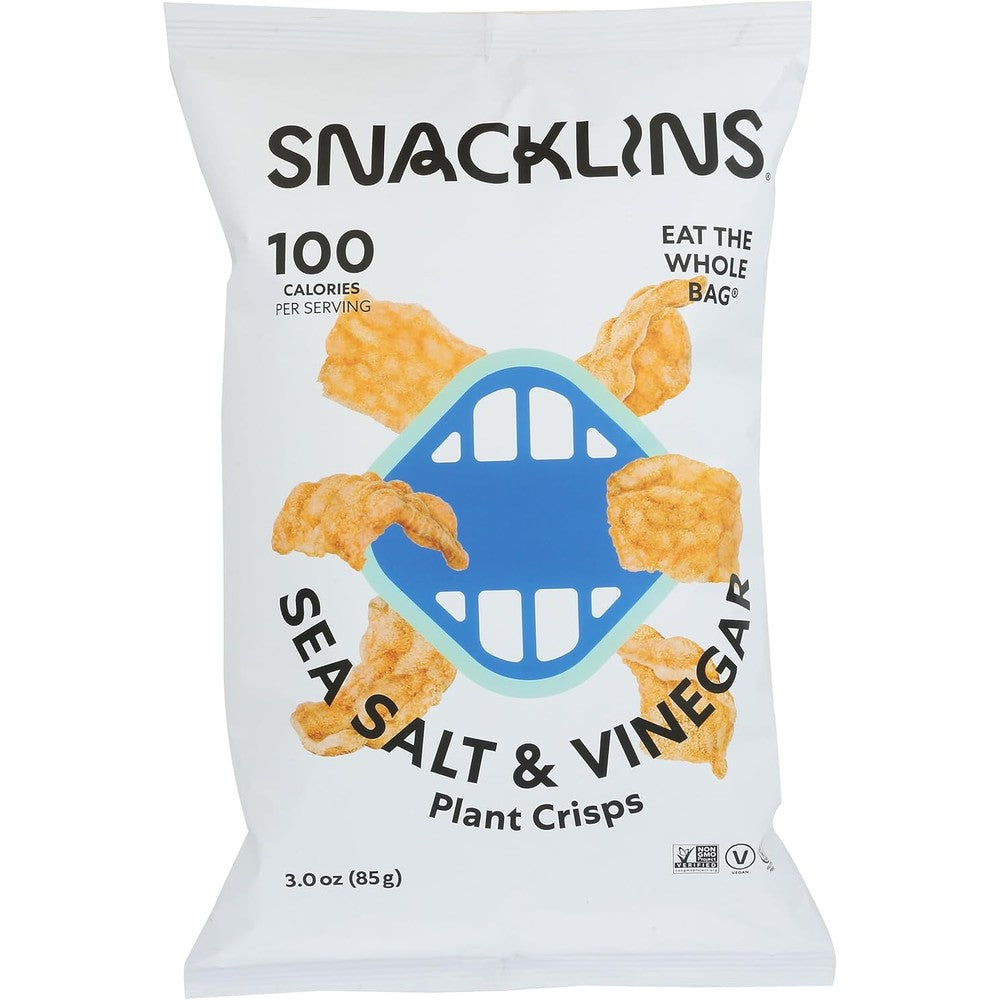 Snacklins Sea Salt and Vinegar Plant Crisps 3 Ounce bag front view showing vegan snack labels.