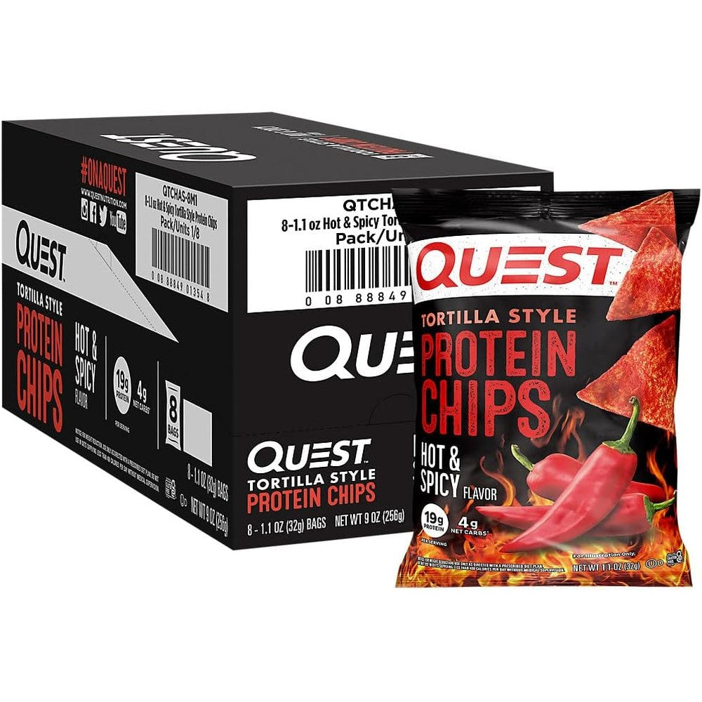 Quest Nutrition Hot and Spicy Tortilla Style Protein Chips front packaging showing 19g protein.