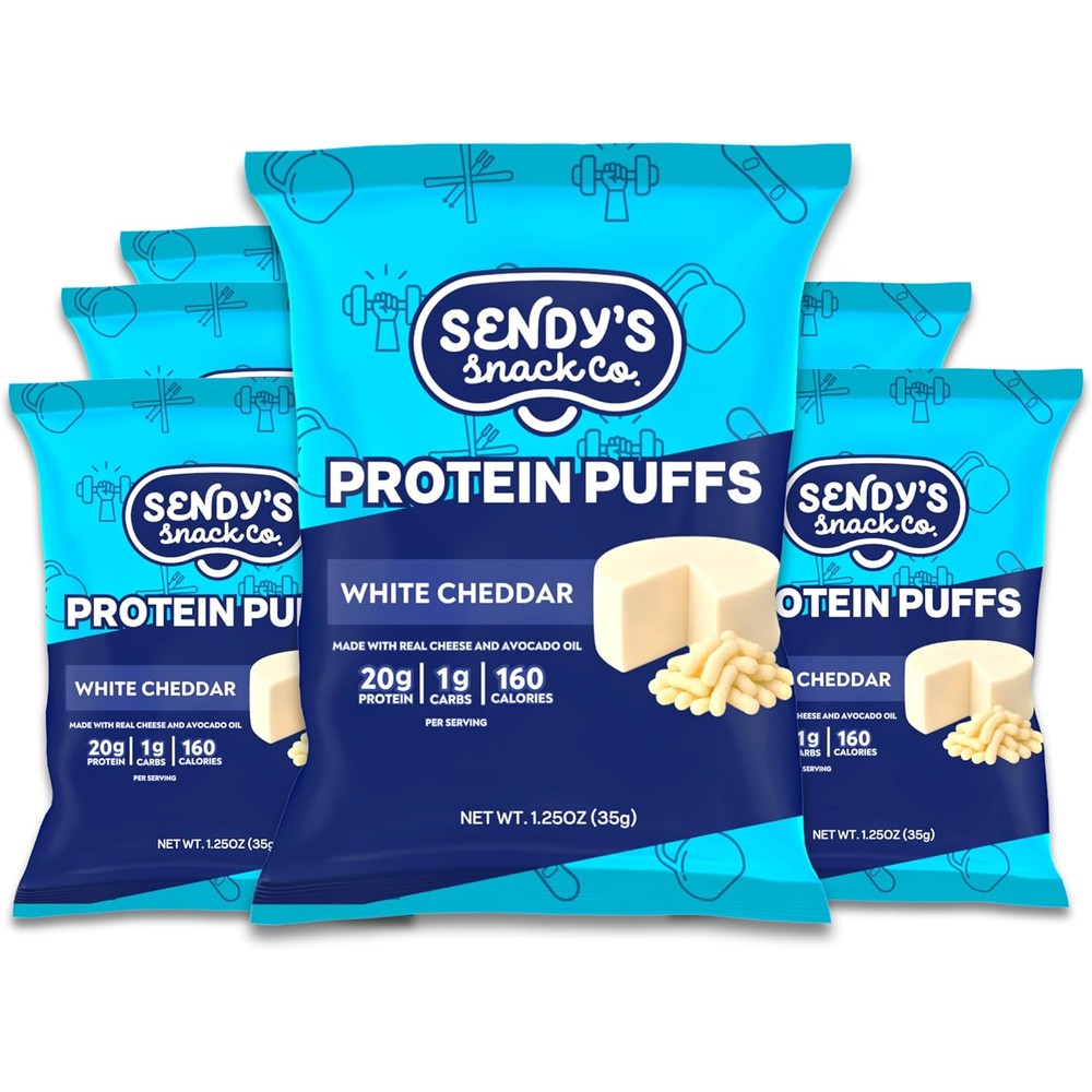 Sendy’s Snack Company Protein Puffs White Cheddar front view keto snack