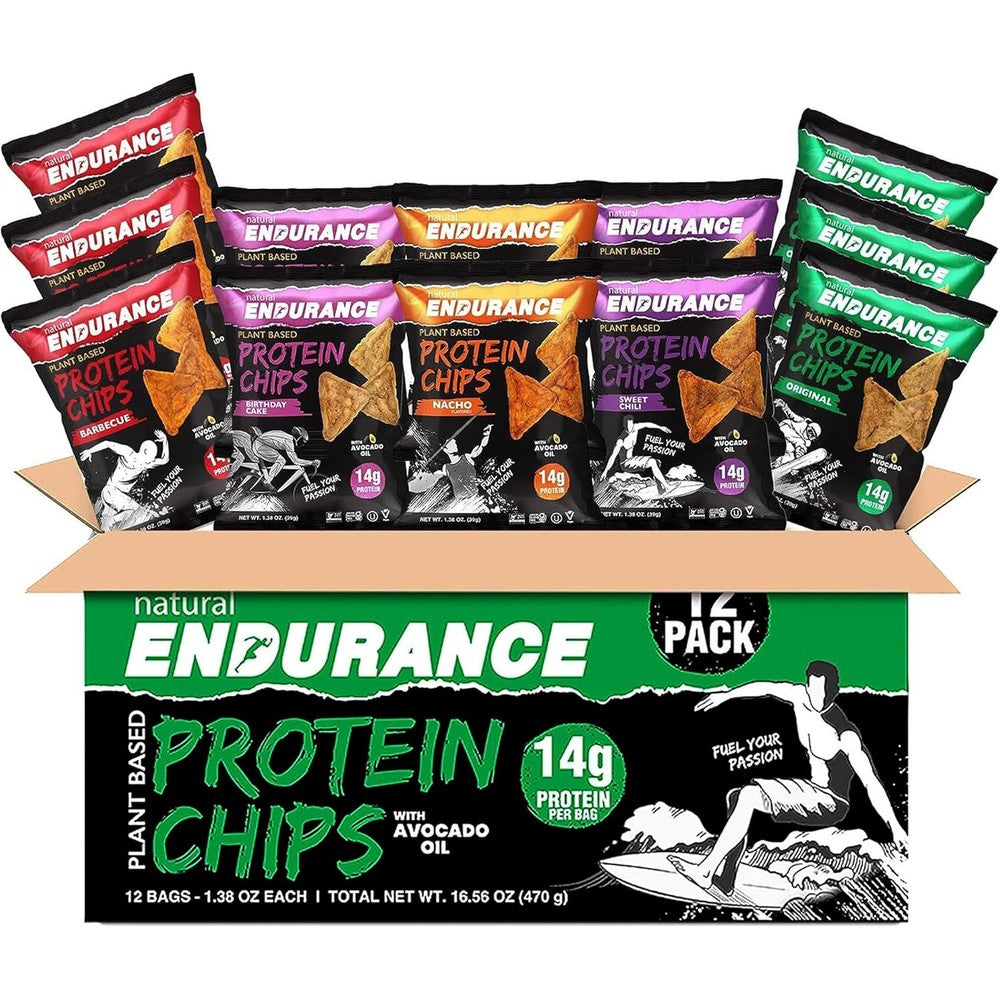 Natural Endurance Protein Chips Variety Pack front view showing 12 individual bags.