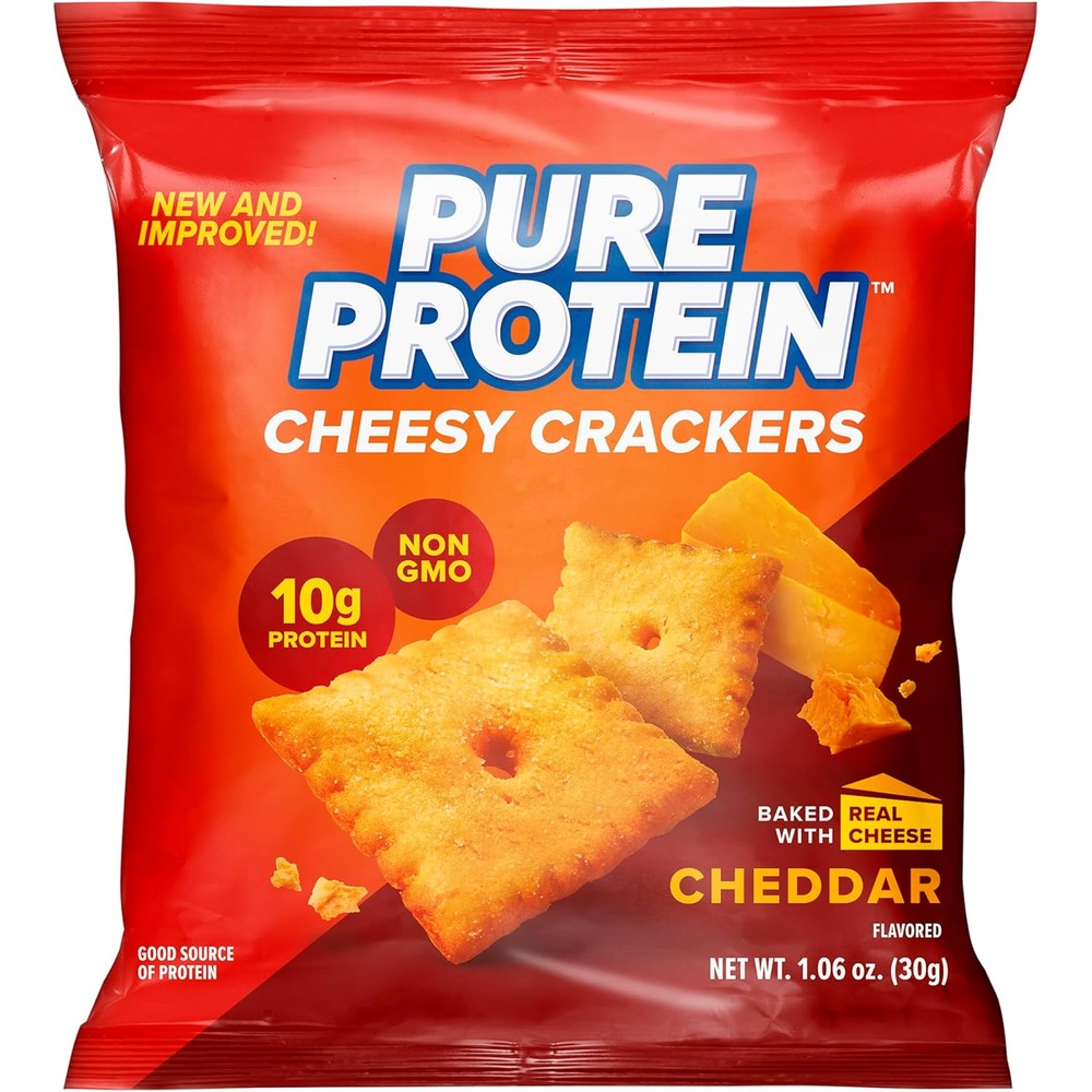 Pure Protein Cheesy Crackers Cheddar flavor front packaging view high protein snack