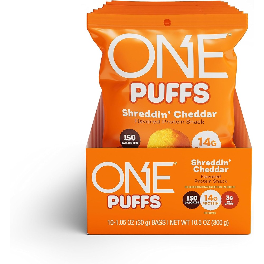 ONE Puffs Shreddin' Cheddar Protein Snack front view high protein healthy crisps