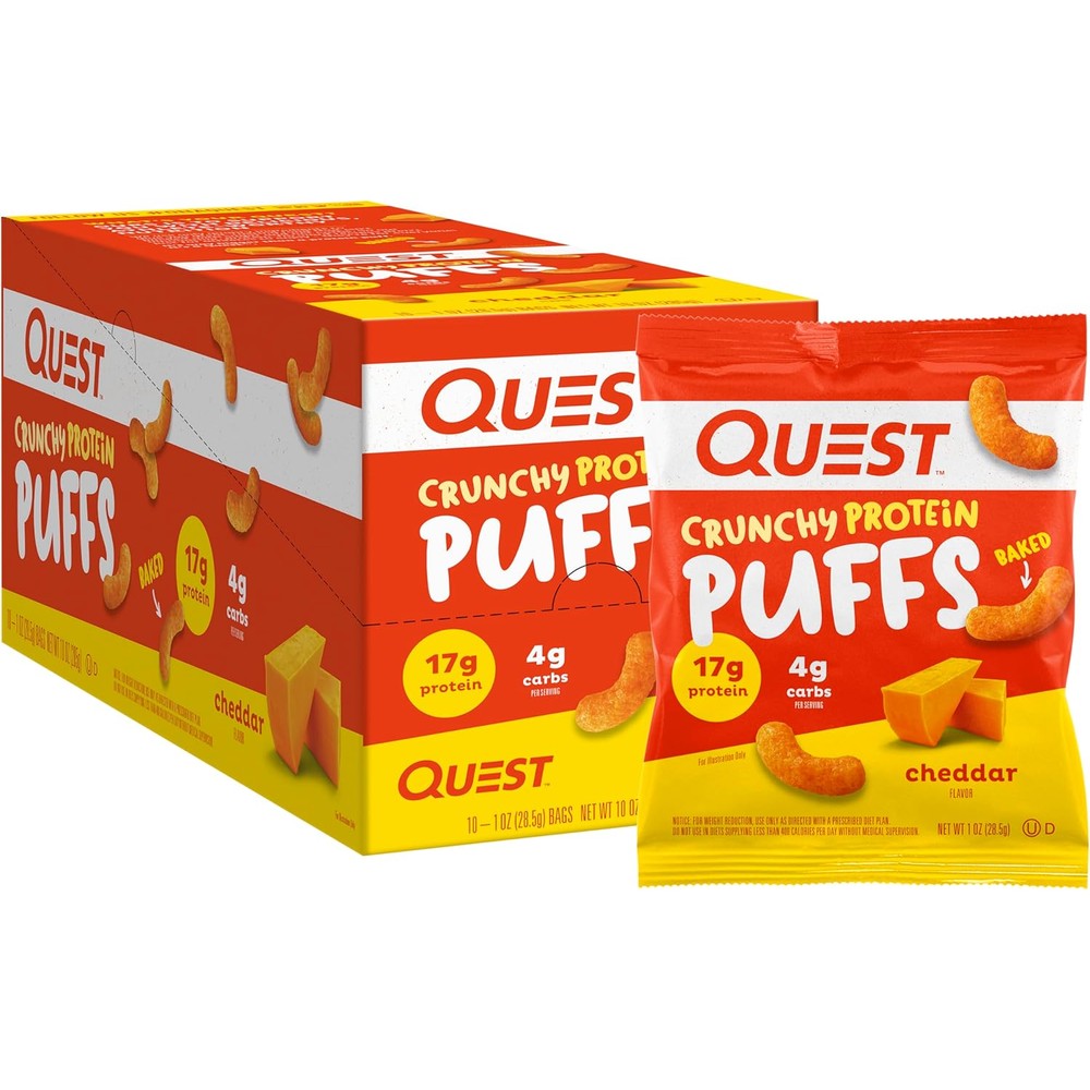 Quest Nutrition Cheddar Protein Puffs 10 count box front view high protein snack